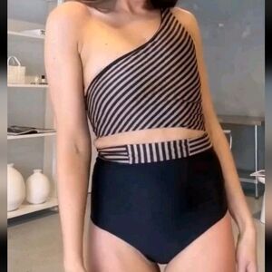 Baiia Striped Solid Reversible 2 Pc One-Shoulder Swimsuit High Waist Sz 10